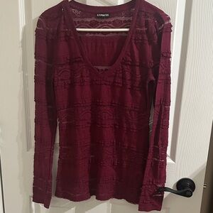 Express Women's Deep Red Lace Long Sleeve Top